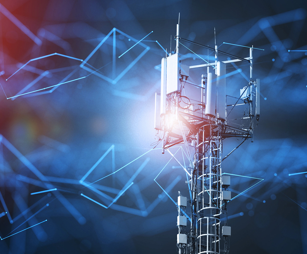 4G and 5G cellular telecommunication tower. Telecommunication equipment for a 5G radio network with radio modules and smart antennas installed on a metal structure against an abstract background in the form of a network.